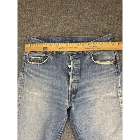 Levis 501 Jeans Mens 35x34 Blue Button Fly Straight Leg Distressed Faded Denim - Picture 3 of 11